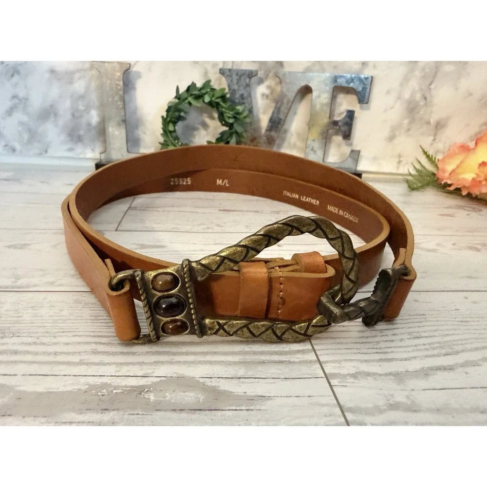 Chicos Italian Leather Brass Tone Waist Belt Size M/L Adjustable Hook Gemstones‎